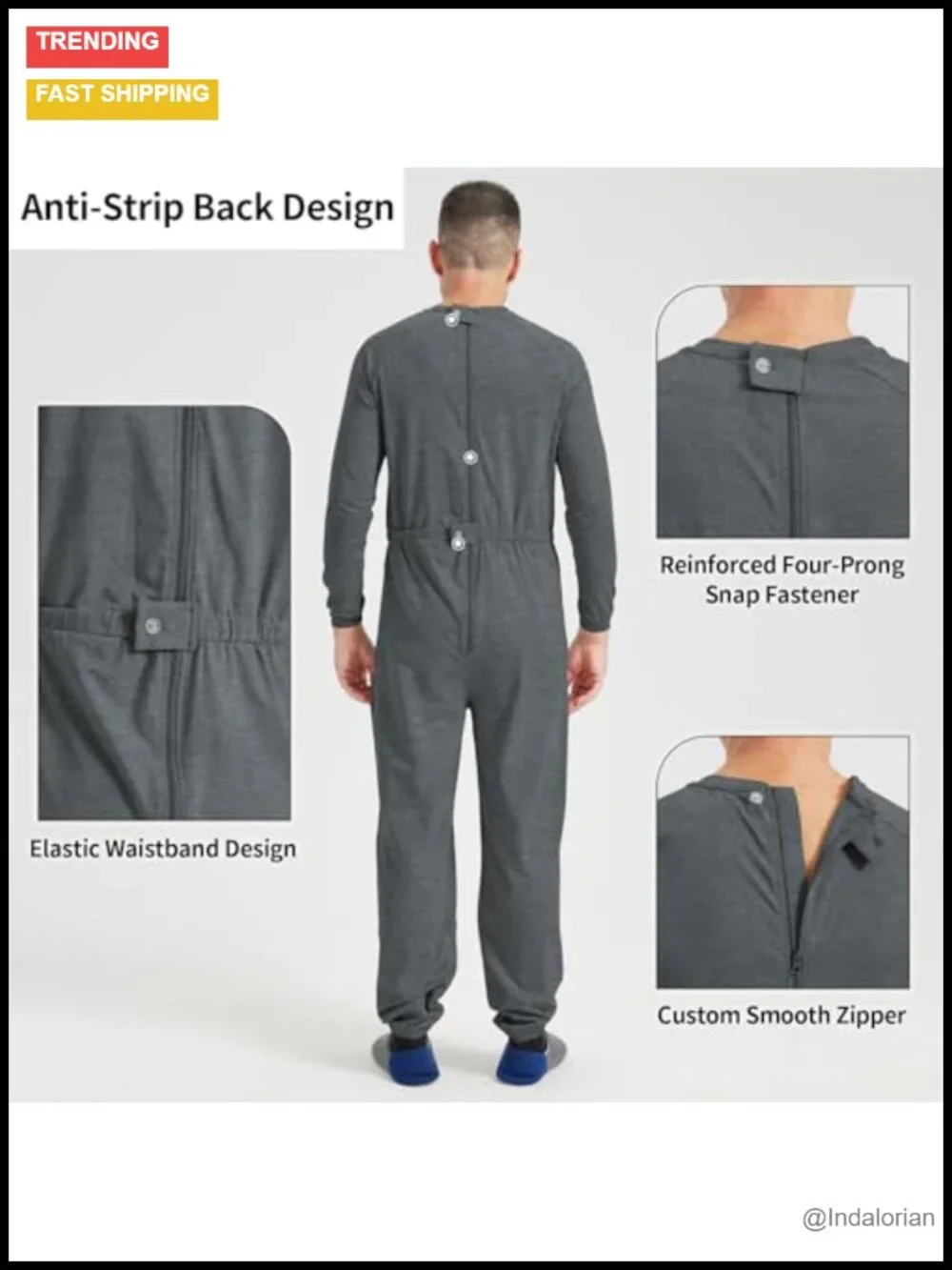 Dementia Anti Strip Sleepwear Back Zipper Adaptive Onesie Cotton Spandex